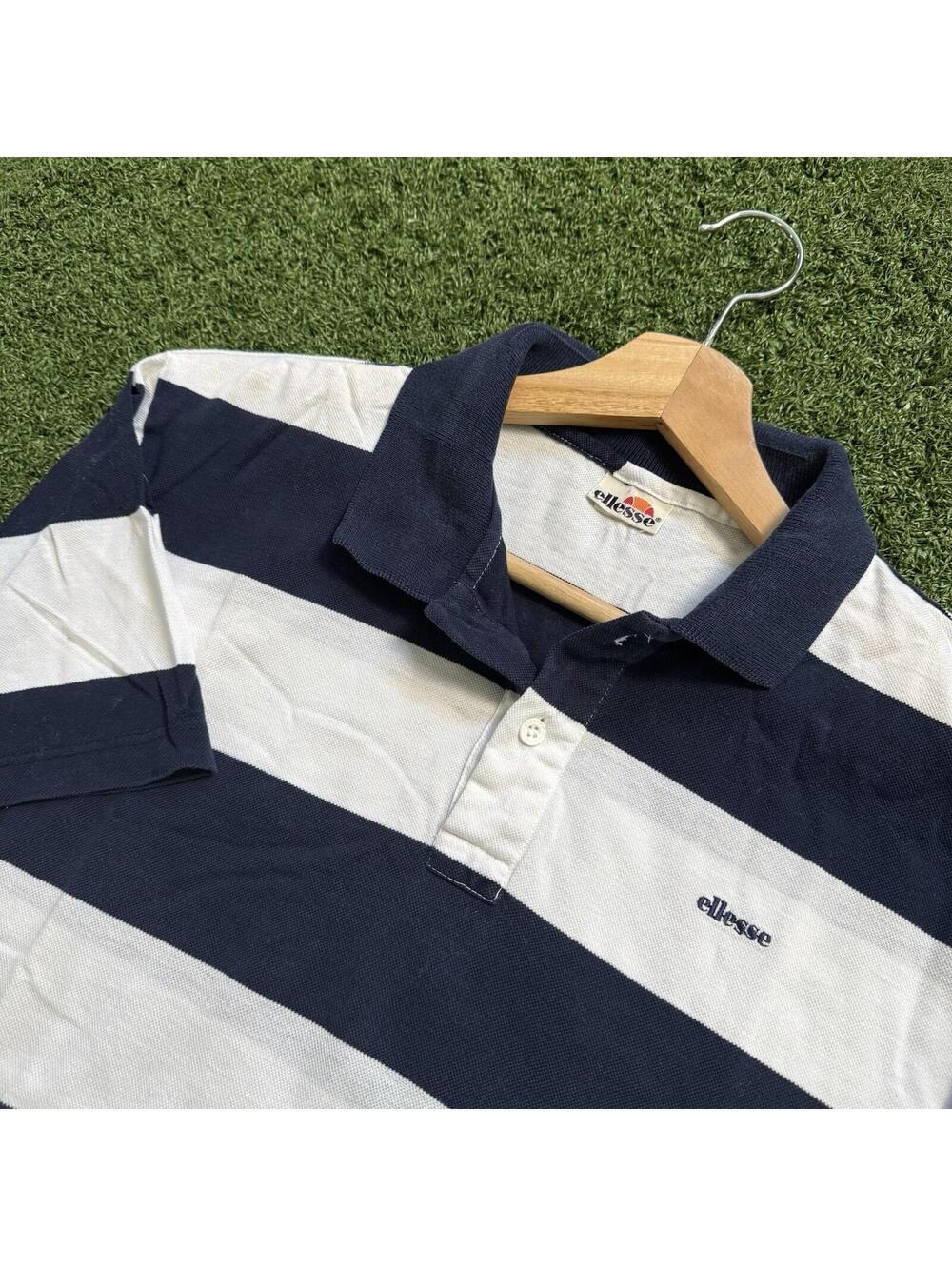 Vintage Ellesse Rugby Stripe Polo Shirt Navy White Mens M blokecore Terrace Y2K